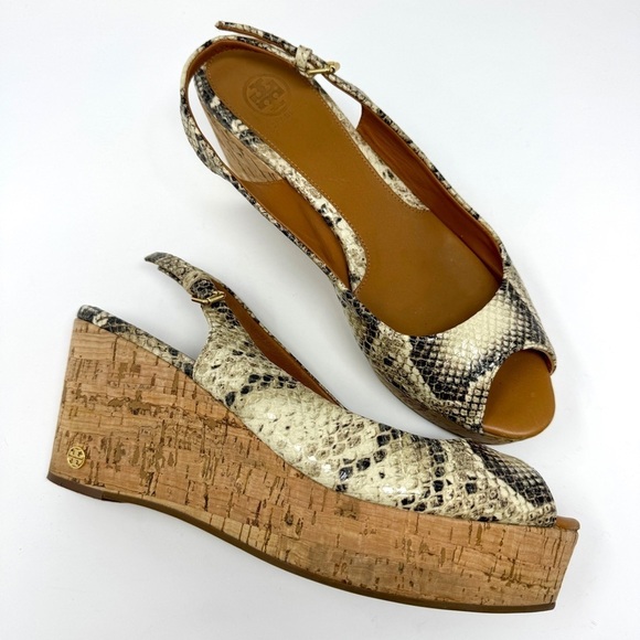 Tory Burch Rosalind Snakeskin Embossed Leather Cork Platform Wedge Sandals - Picture 1 of 11